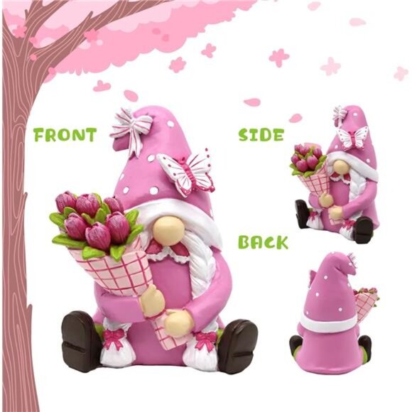 Pink Garden Gnome Figurine Spring Summer Easter Decor Outdoor Indoor Statue - Picture 5 of 8